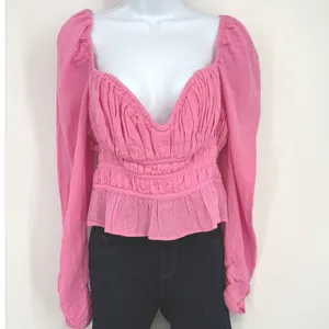 Free People Blouse Women M Pink Smocked Puff Sleeve Boho Top Festival Barbiecore thumbnail 2