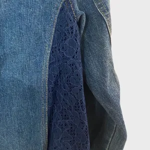 Free People Denim Lace Inset Raw Hem Jean Jacket Size Large thumbnail 9