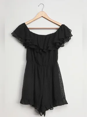 Lulus Frilled to Bits Black Swiss Dot Off-the-Shoulder Romper Size Small NWT thumbnail 8