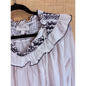 Cleobella Organic Cotton Smocked Ruffle Blouse Womens Small White Navy Tassel thumbnail 2