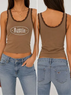 Hollister Austin Texas Lace Trim Tank Top XS Brown Western Y2K Baby Tee thumbnail 2