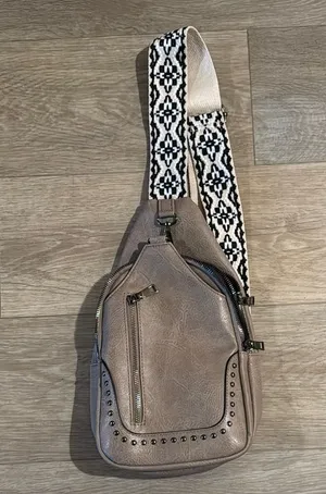 Chic Taupe Sling Bag with Black and White Strap thumbnail 1
