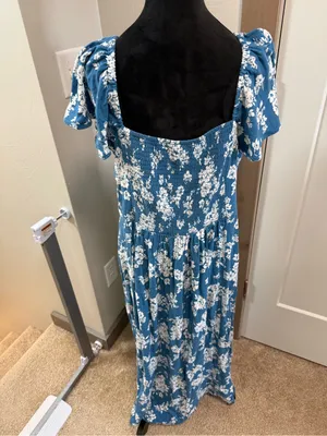 Old‎ Navy Maxi Dress Square V-Neck Blue Floral Smocked Flutter Sleeve Rayon XL thumbnail 6
