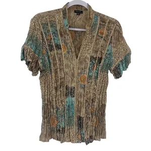 Y2K Piano Patchwork Snap Top Sz M Boho Festival Crinkle Artsy Satin Chiffon Tan thumbnail 1