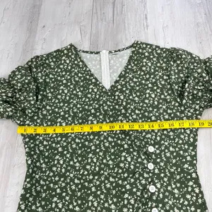 Unbranded Green White Dainty Floral Short Sleeve Button Faux Wrap Midi Dress thumbnail 8