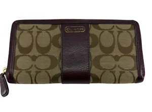 Coach Signature C Accordion Zip Khaki Burgundy Canvas Wallet thumbnail 1