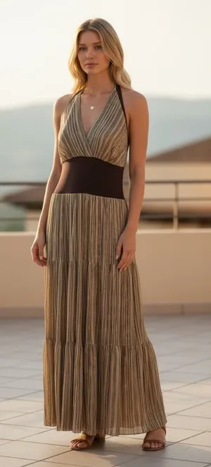 Jonathan Martin Y2K Silk Halter Striped Maxi Dress Beige Size 16 Coastal Beach thumbnail 1