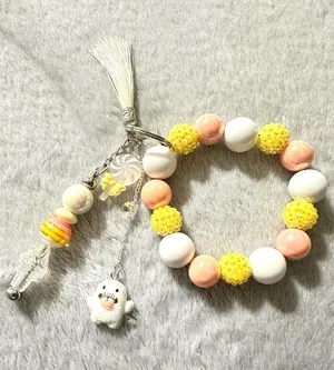 Charming Yellow, Peach & White Beaded Wristlet and keychain with Tassel Charm thumbnail 1