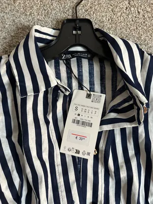 Zara Striped Linen Blend Button-Front Midi Dress Waist Tie - Navy & White thumbnail 6