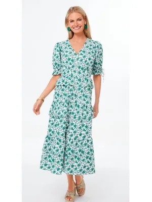 Tuckernuck Hyacinth House Irenea Midi Dress Green Floral Ruffle Puff Sleeve Lrg thumbnail 3