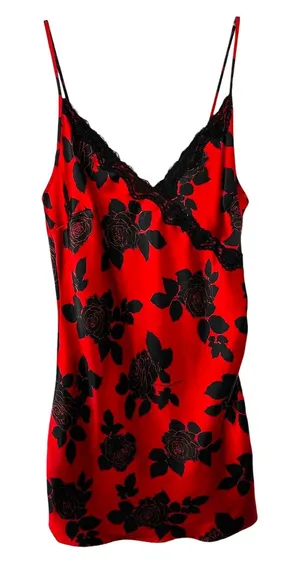 Satin Gown Medium Nightgown Slip Nightie Babydoll Red Black Rose Lace Trim‎ 1810 thumbnail 1