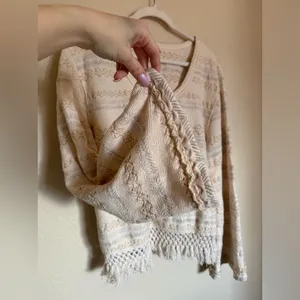 Free People Fringed Chunky Knit Embroidered Sweater Sz Large Flare Sleeves‎ thumbnail 2