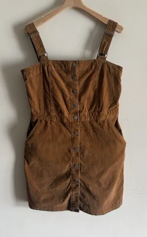 Gap Denim Jumper Dress Sz Large Brown Corduroy Fall Button Front Adjustable thumbnail 1