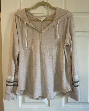 Market & Spruce Kallon Brushed Knit Hoodie Sweatshirt Beige Drop Shoulder Sz L thumbnail 1