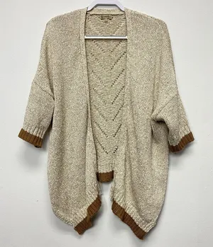 Democracy‎ Open Cardigan Women's XL Beige Gold Lurex Open Knit Sweater thumbnail 1