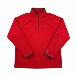 Under Armour Men's Fleece Pullover in bright red features a contrast grey mock neck zip and binding trim. thumbnail 1