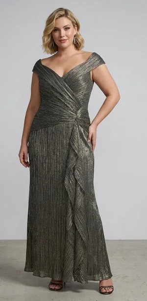 Xscape One-Shoulder Metallic Charcoal Evening Gown thumbnail 1