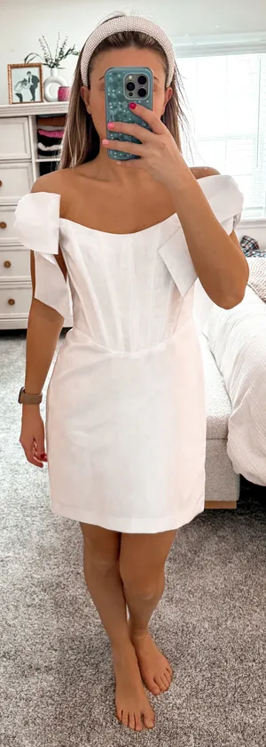 Alfred Sung White Corset Mini Dress With Bow Sleeves thumbnail 2