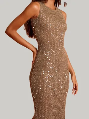 Pretty Little Thing KHAKI SEQUIN SHEER BOAT NECK MAXI DRESS thumbnail 1