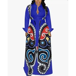 New African Deep V Neck 3/4 Sleeve High Slit Dashiki Maxi Dress 2X thumbnail 2