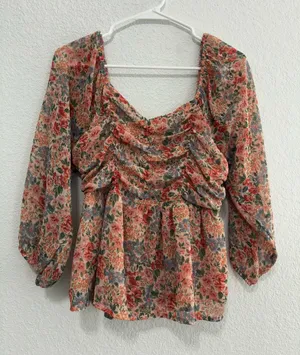 American Eagle Outfitters Peach Floral Ruched Peplum Blouse thumbnail 1
