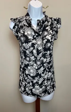 Loft Top Size S White Floral Mock Neck Ruffle Detail Flutter Sleeves thumbnail 1