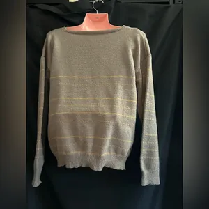 SHEIN Women's V-Neck Striped Knit Sweater Brown & Yellow SZ MD thumbnail 2