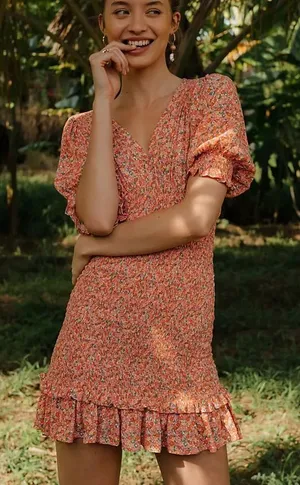 Faithfull the Brand Margherita Orange Floral Smocked Mini Dress thumbnail 1