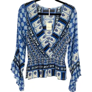 NWT Free People Rosalie Blouse Top‎ Indigo Combo Smocked Bell Sleeve Size Small thumbnail 5