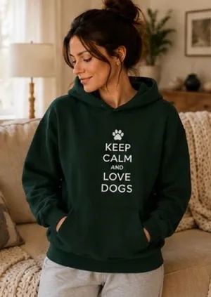 Keep Calm and Love Dogs Hoodie Green Gildan Pullover Sweatshirt Medium thumbnail 1