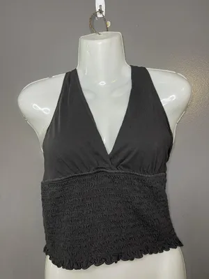 American Eagle Outfitters Tank Top Womens Medium Black Halter Smocked Cropped thumbnail 1