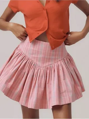Maeve X-Large Skirt Anthropologie Basque Waist Flirty Mini Pink Combo plaid NWT thumbnail 1