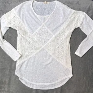 BOHO Mixed Media Sheer Heather Knit Top Womens S Textured Floral Lace Blouse thumbnail 5