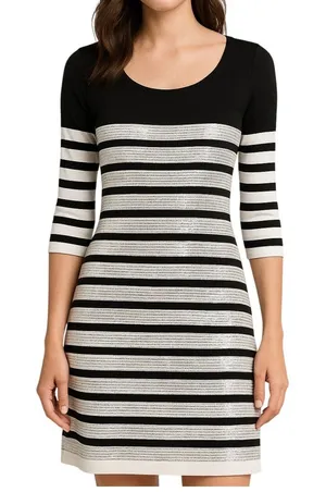 Renee C Sequin Sweater Dress Womens M‎ White Black Stripe Silver Party Holiday thumbnail 1