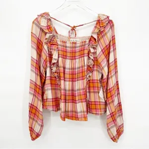 NWT Free People Sienna Plaid Ruffle Long Sleeve Blouse Women's S Prairie‎ Chic thumbnail 2