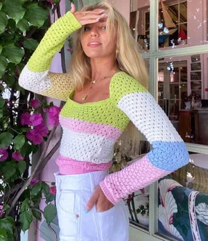 Womens Colorblock Open Knit Pullover Sweater Crew Neck Long Sleeve S thumbnail 1