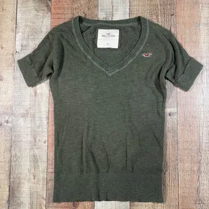 Hollister Olive Green Short Sleeve V Neck Cotton Knit Sweater Y2K Logo Medium thumbnail 1