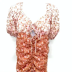Free People Pink and Rust Brown Floral Ruched Mini Dress with Boho Feels-Size S thumbnail 2