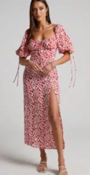 Showpo. Red and White Ditsy Floral Red Dress Midi Slitted Dress Size 16 thumbnail 1