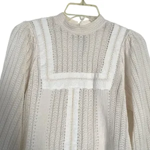 Zara Romantic Sheer Knit Top Lace Trim High Neck Keyhole Back Long Sleeve Size S thumbnail 5