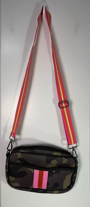 Neoprene Crossbody Bag Camo Green with Pink and Orange Striped Strap thumbnail 1