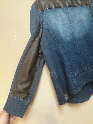Style & Co XL Denim Blazer Faux Leather Equestrian Double Breasted Y2K Jacket thumbnail 4