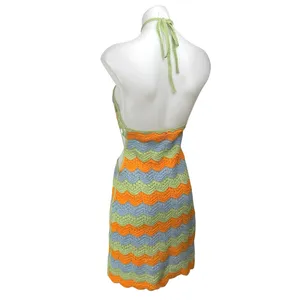 Zara Multicolor Halter Sleeveless Striped Crochet Knit Cutout Mini Dress Size S thumbnail 2