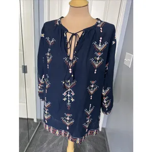Madewell Women's Navy Embroidered Peasant Top‎ Size Medium Aztec Southwest Boho thumbnail 3