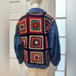 Farm Rio X Anthropologie Crochet Denim Trucker Jacket SZ Medium thumbnail 3