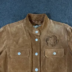 Live a Little Brown Suede Leather Jacket Rosette Floral Western Boho Womens L thumbnail 7