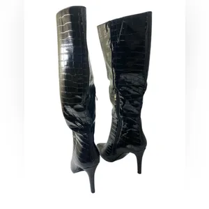 Modatope Black Faux Croc Knee High Boots Edgy Stiletto Heel Pointed Toe Size 6.5 thumbnail 4