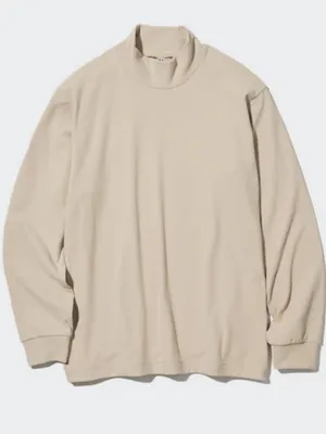 Uniqlo Minimalist Lightweight Mock Neck Long Sleeve Cotton Top in Beige thumbnail 1