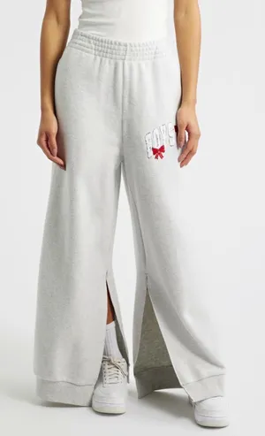 Boys Lie Women's Gray Wide-Leg Fleece Sweatpants Logo Split Hem Elastic Waist thumbnail 1