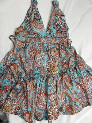 SHEIN Paisley Print Halter Deep V Neck Tiered Ruffle Mini Dress Size S thumbnail 1